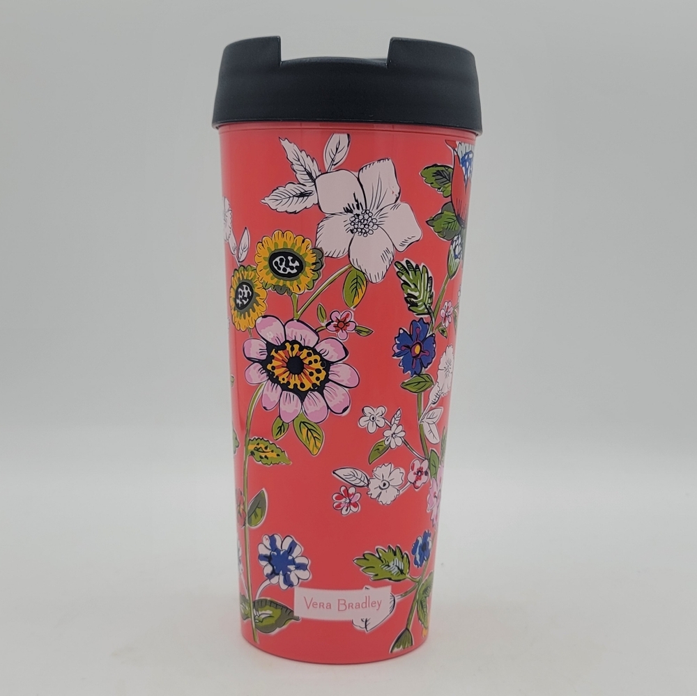 Vera Bradley Travel Mug Coral Floral Pink 16 oz Round BPA Free Flip Top Lid
